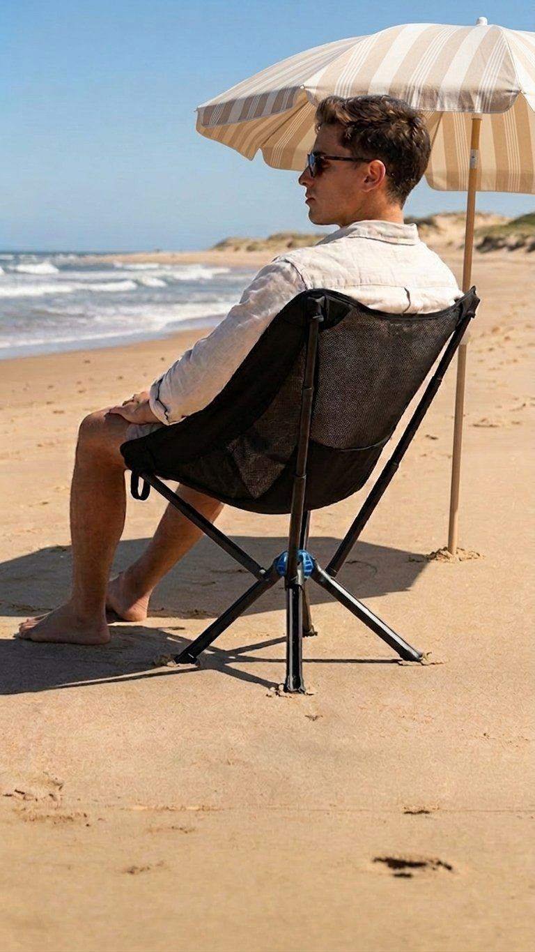 Sillas plegables y sombrilla montadas en la playa