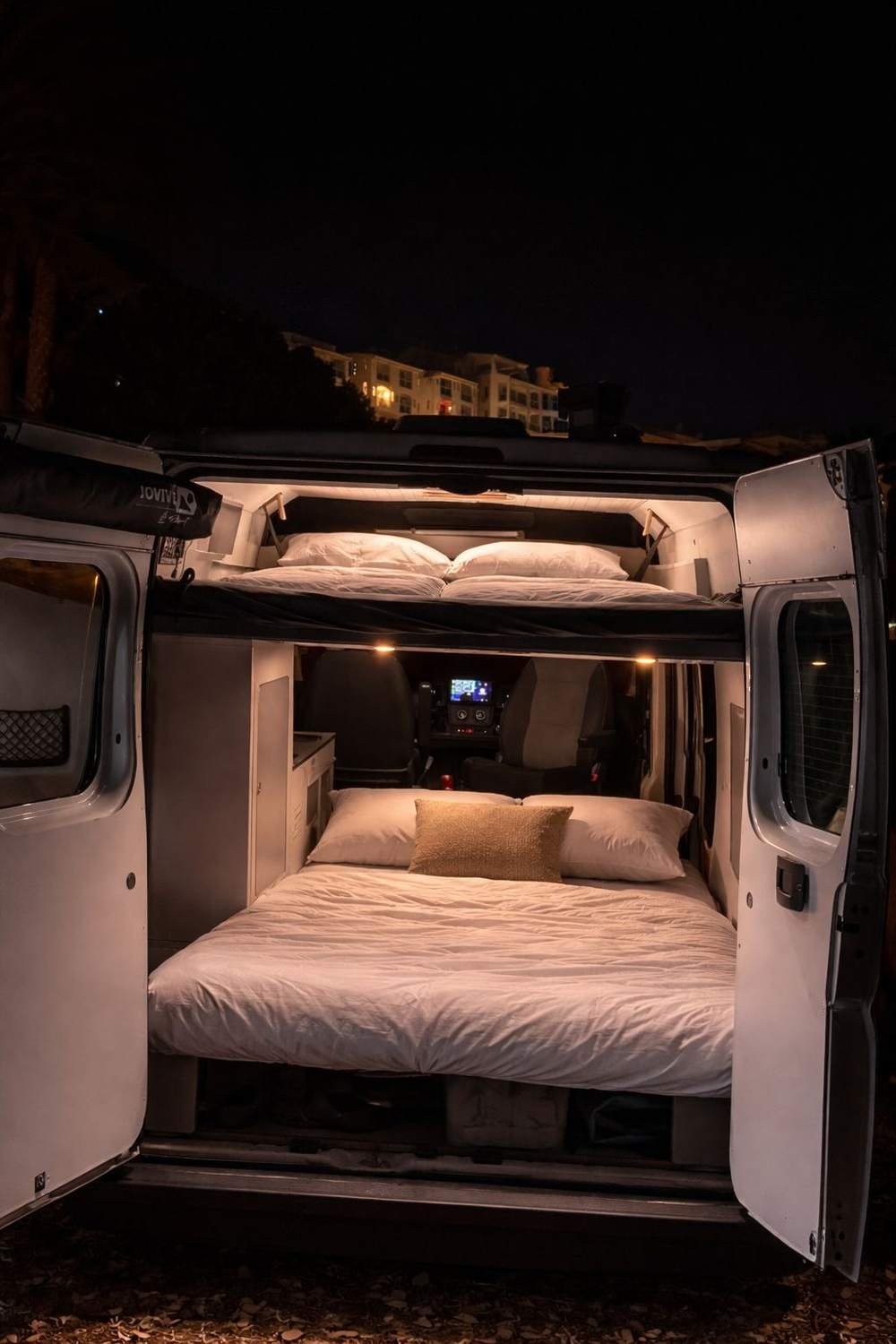 Cama trasera iluminada de noche con las puertas abiertas